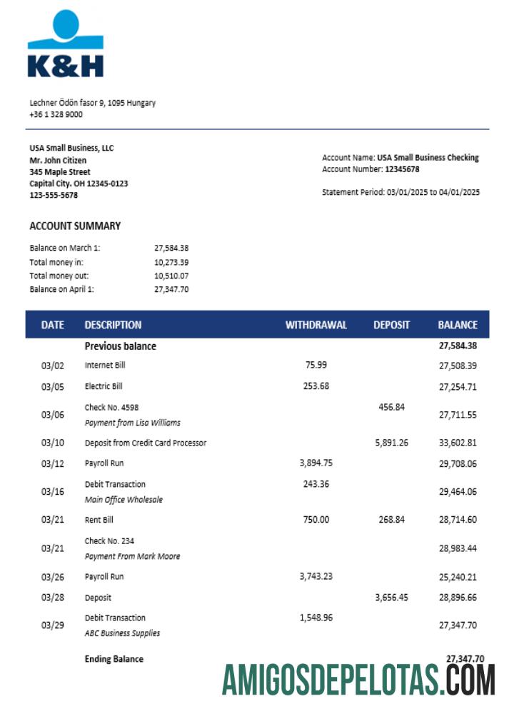 Hungria K&H Firm Account Statement Word e PDF Format amostra